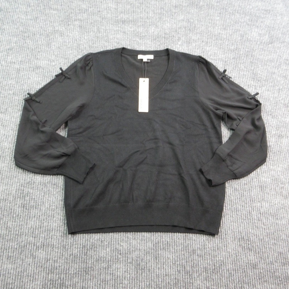 Les Serein Sweater Womens L Black V-Neck Balloon Sleeve Bow Pullover NWT